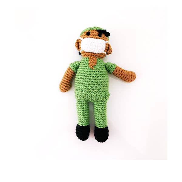 Crochet Baby Toy Nurse scrubs rattle green