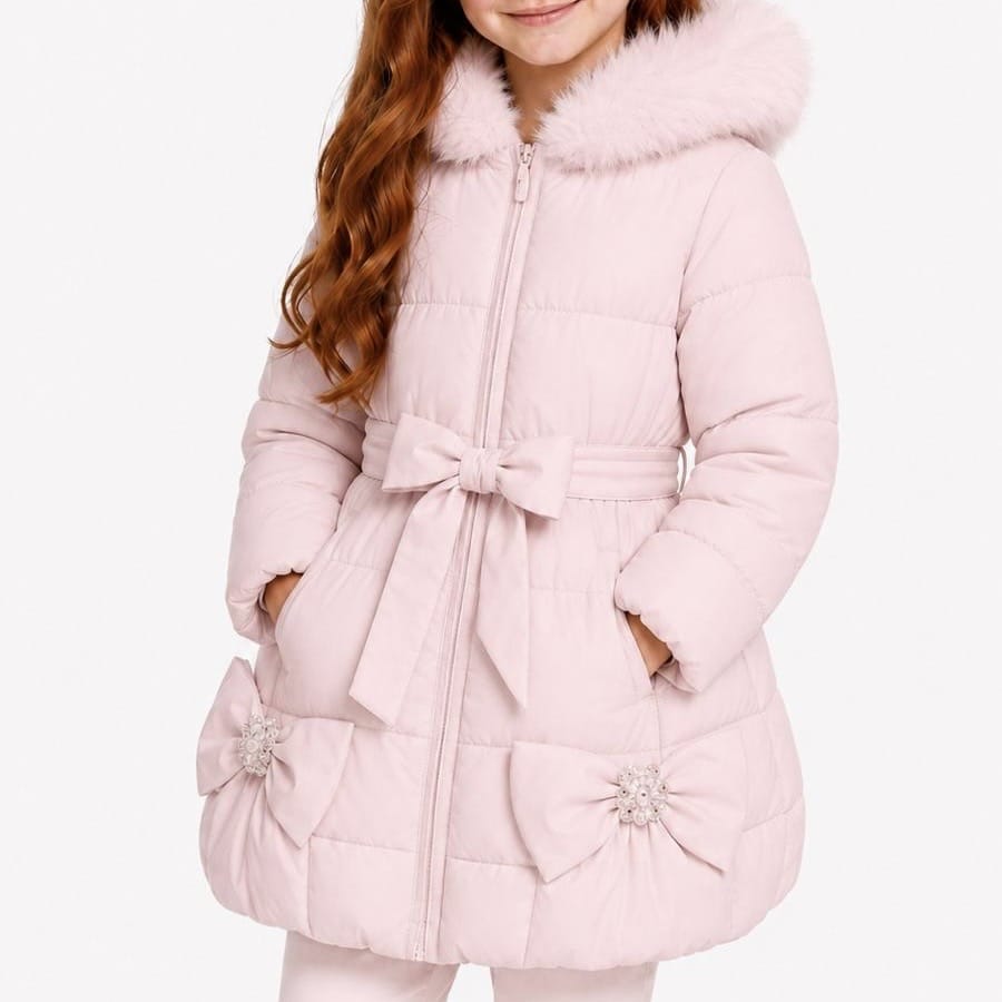 Bimbalò Rosa pink woven coat with bow and fur trim hood for girls, made in Italy