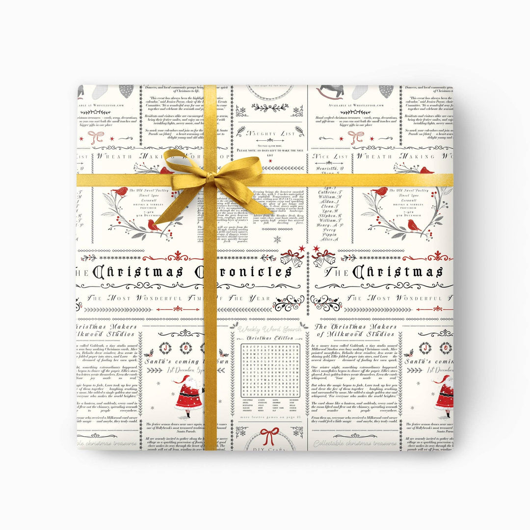 Illustrated Christmas chronicles wrapping paper with festive notes