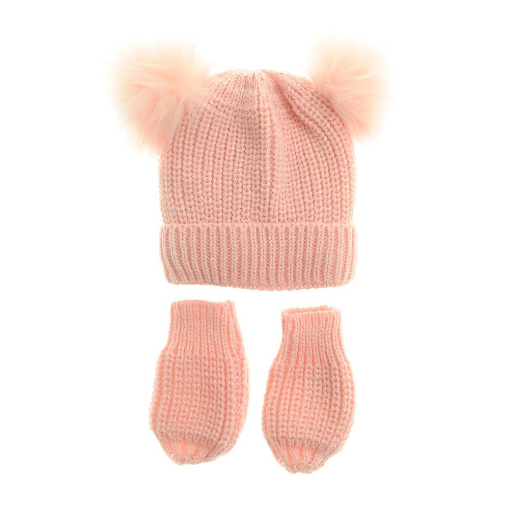 Pink Double Bobble Hat and Mittens - Wooly Hat