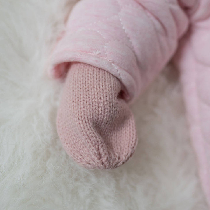 Woodland wooly hat and mittens set laid out