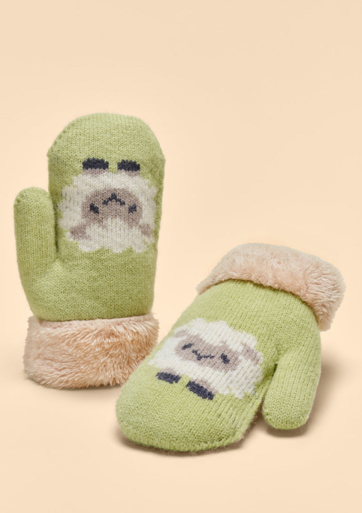 Powder knitted sheep mittens for kids in sage
