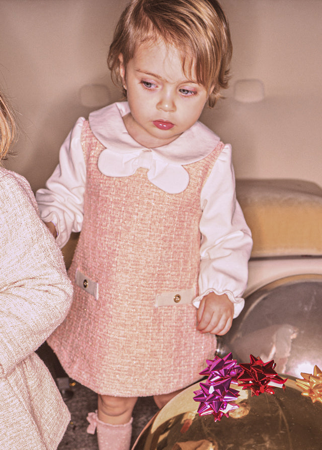 Mayoral girls tweed-knit pinafore dress in petisui with white collar