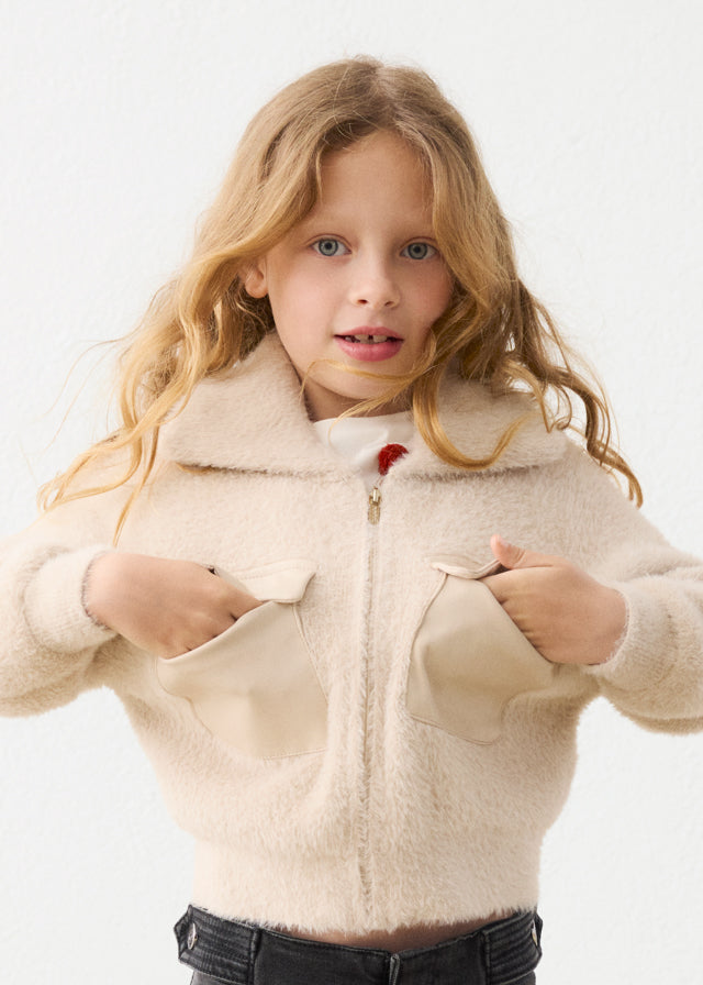 Mayoral girls furry knit zip cardigan in biscuit tan