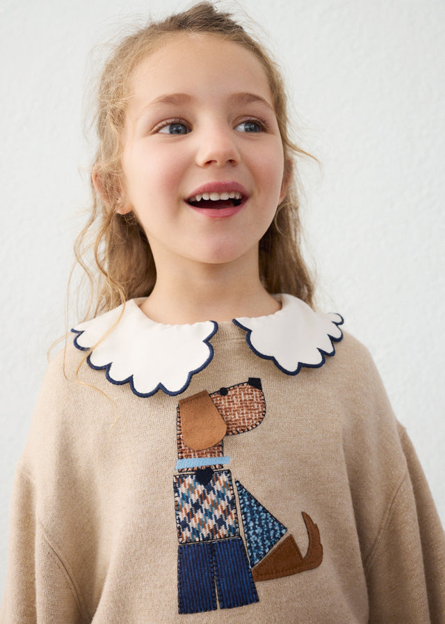 Mayoral girls metered knit pullover with dog applique in anacardo