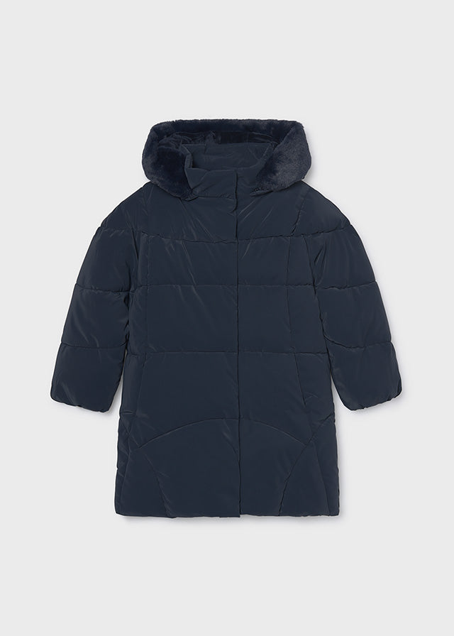 Mayoral girls long quilted coat in navy, front view
