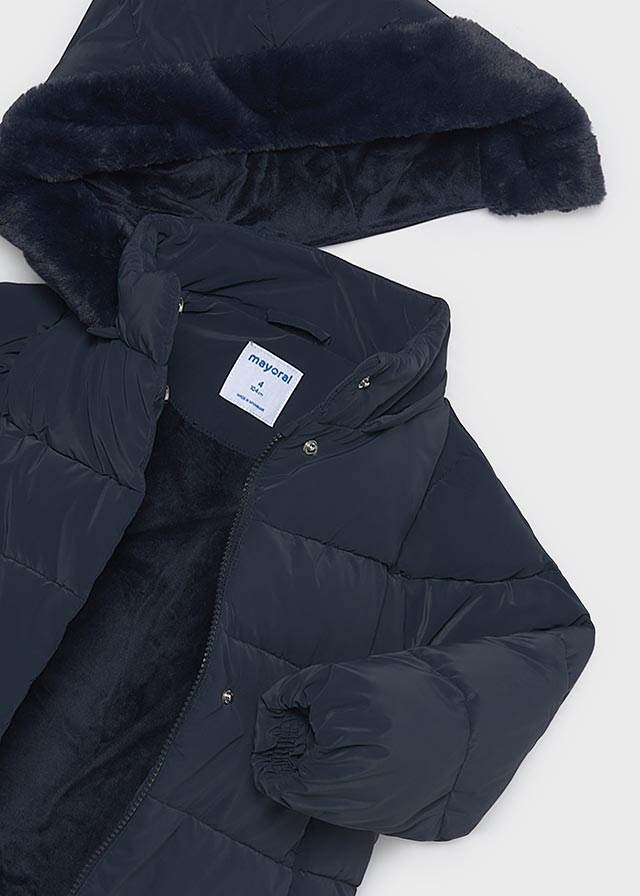 Mayoral girls long quilted coat in navy, detail