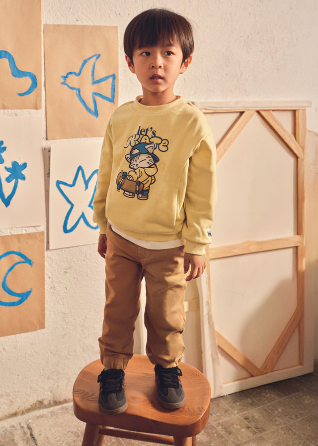 Mayoral boys soft jogger pants in cookie brown, cuffed hem
