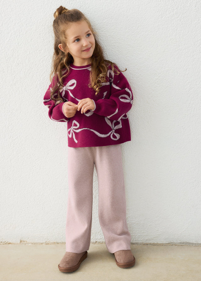 Mayoral girls knit sweater and trousers set in raspberry pink, front view