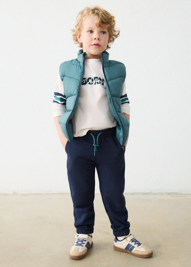 Mayoral boys 3-piece pant, t-shirt and vest set in dark lake blue, front view