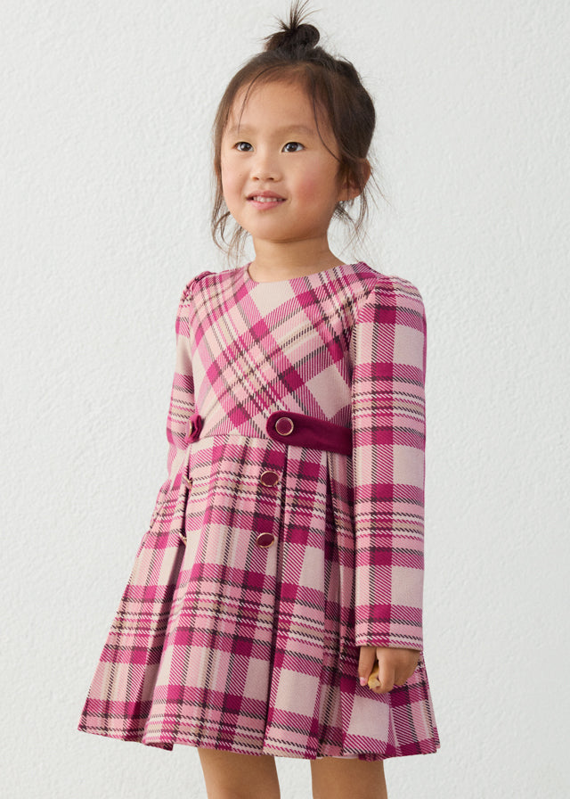 Mayoral girls plaid dress in raspberry pink with velvet waistband
