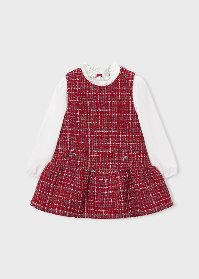 Mayoral girls pinafore dress with long sleeve top in red, front view