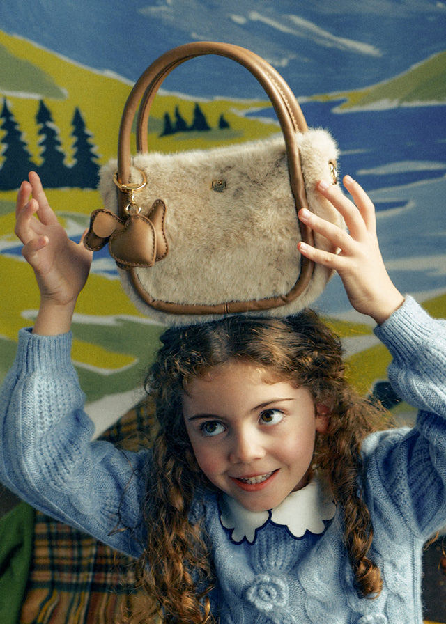 Mayoral toddler faux-fur bag with charms in light khaki, front view