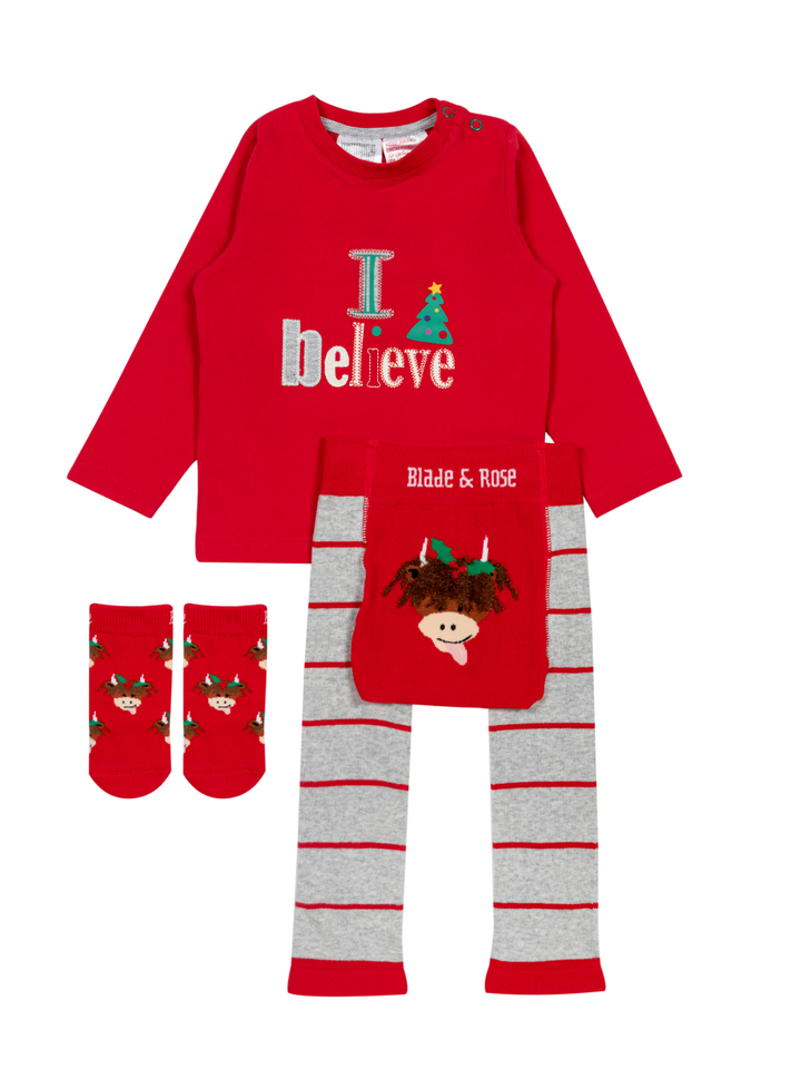 Blade and Rose Hamish Christmas range with the I Believe top, striped leggings and red socks