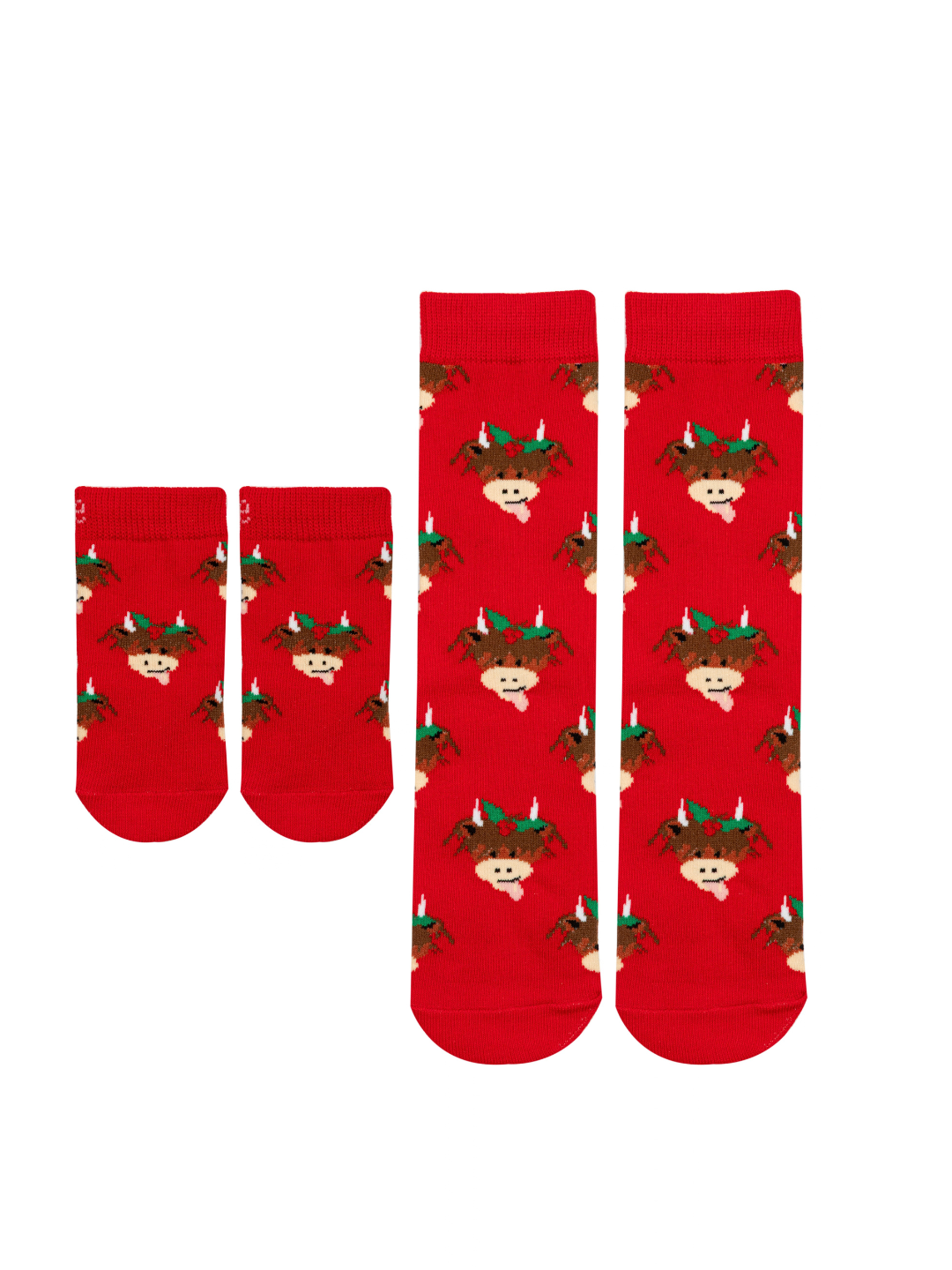 Blade and Rose Hamish Christmas Socks in red, shown in a child size and an adult size