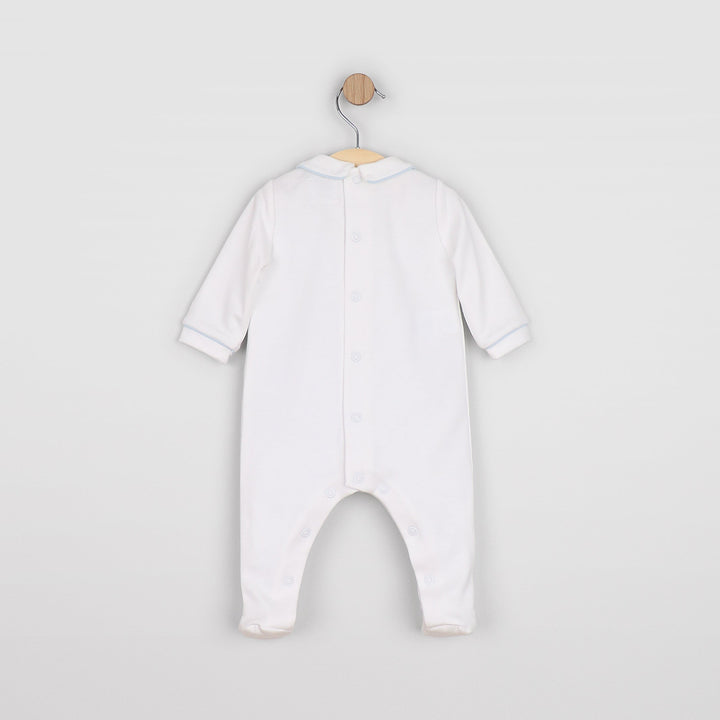 Baby wearing Lenny blue and white babygrow