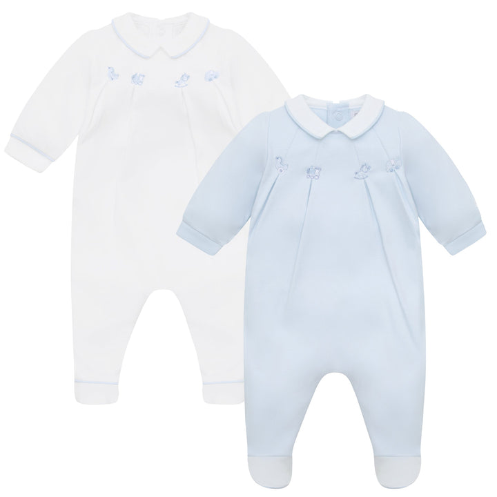 Lenny blue and white babygrow twin pack for baby boys, front view