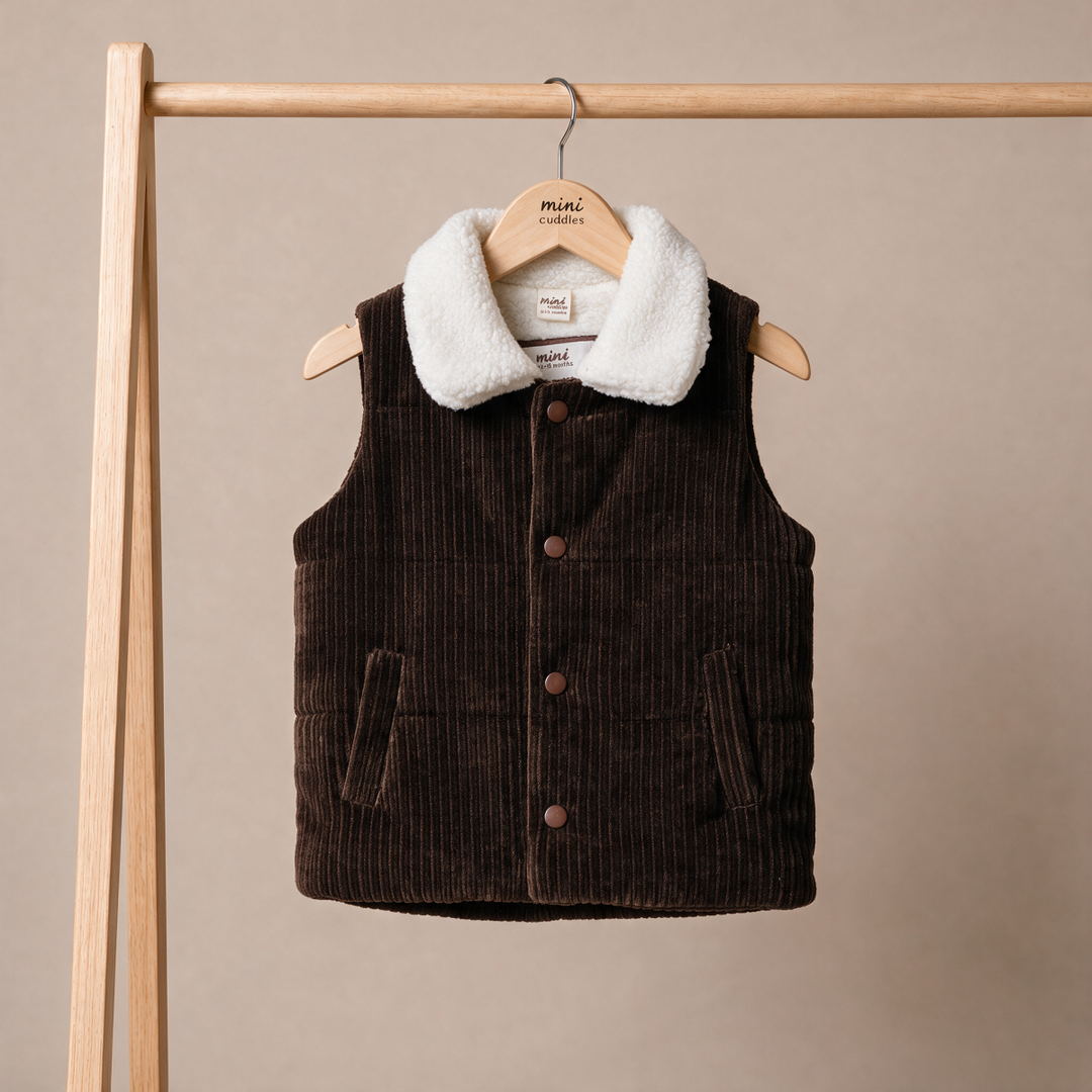 Mini Cuddles brown corduroy gilet with sherpa lining, front view