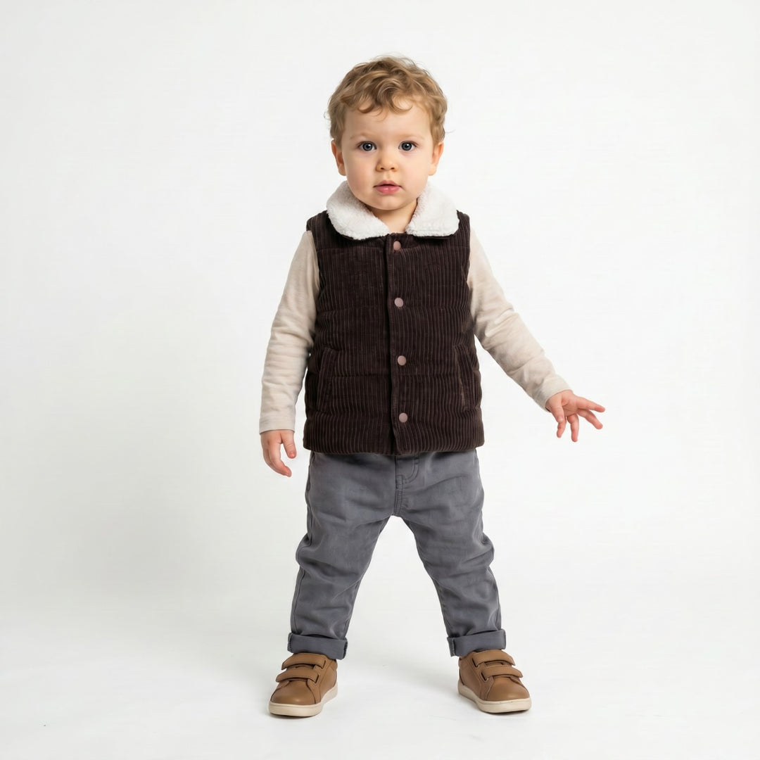 Mini Cuddles brown corduroy gilet, sherpa lining detail