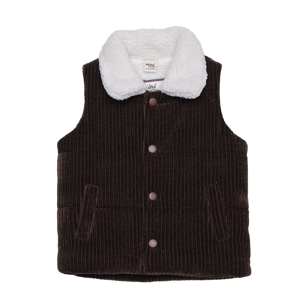 Mini Cuddles brown corduroy gilet, close-up of fabric