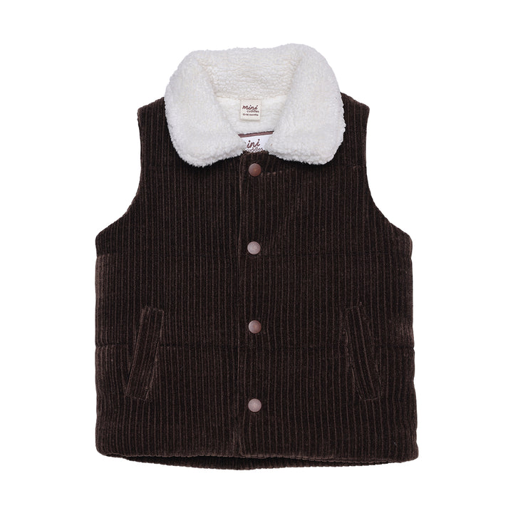 Mini Cuddles brown corduroy gilet, close-up of fabric