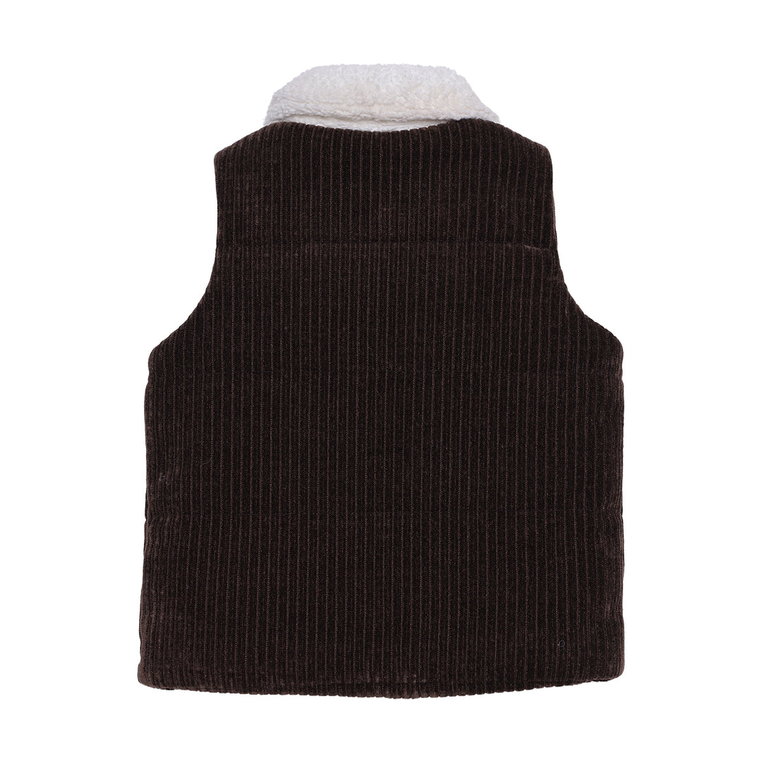 Mini Cuddles brown corduroy gilet, side view