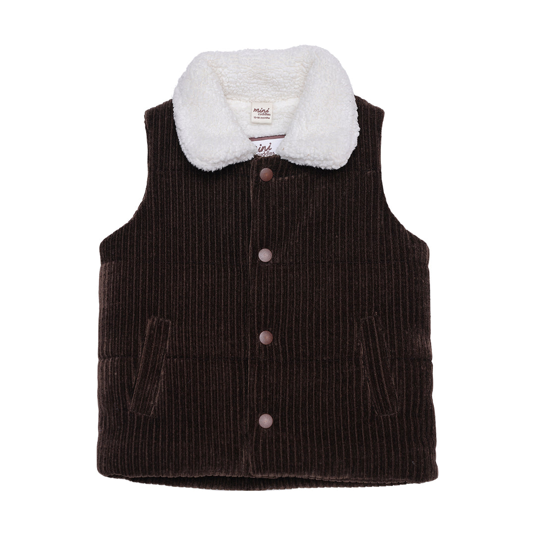 Mini Cuddles brown corduroy gilet, collar and trim
