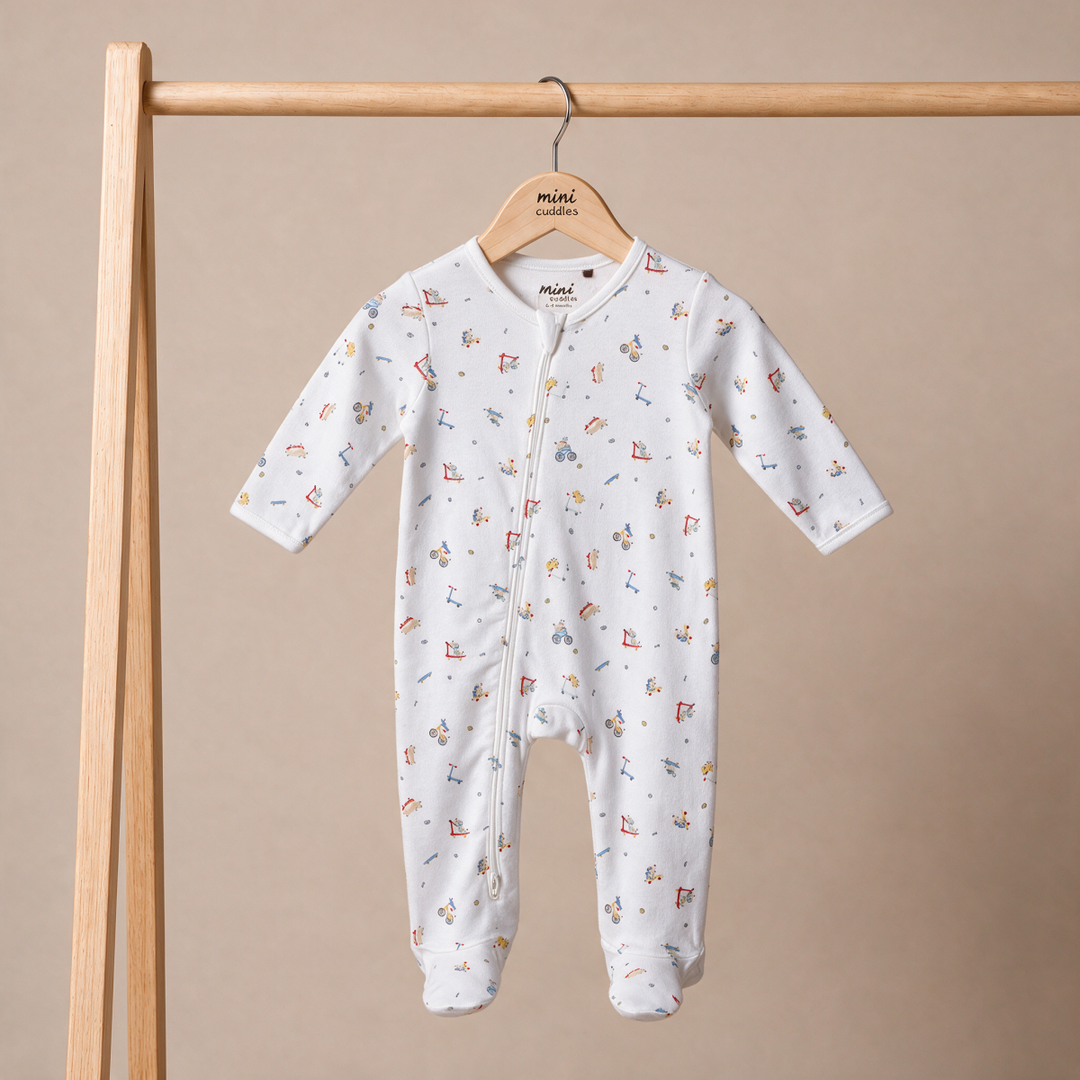 Mini Cuddles baby boy white ribbed cotton sleep suit