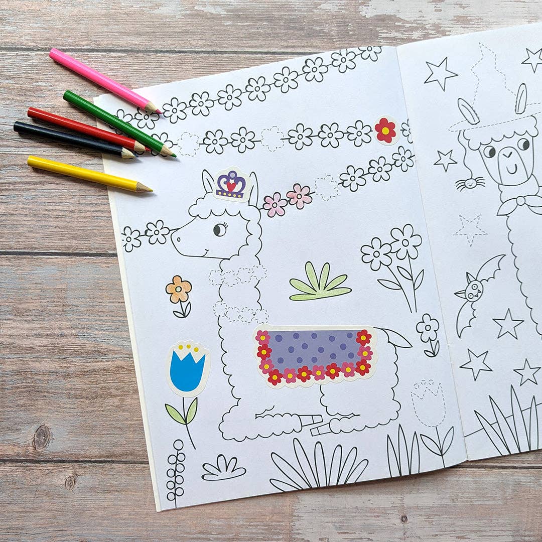 Child using Dress Me Up Llama colouring and activity book
