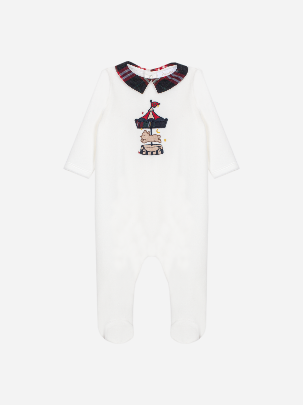 Patachou ecru velour babygrow with carousel and teddy bear embroidery and tartan collar - front