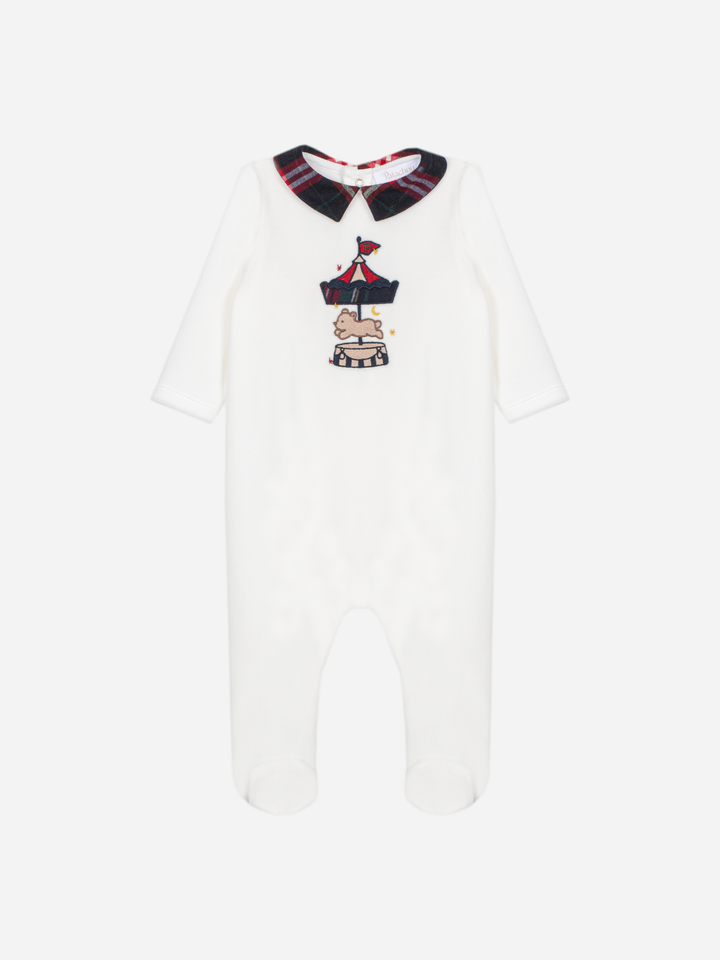 Patachou ecru velour babygrow with carousel and teddy bear embroidery and tartan collar - front