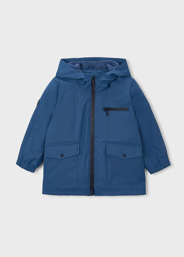 Mayoral boys hooded rain coat in navy with zip pockets, front view