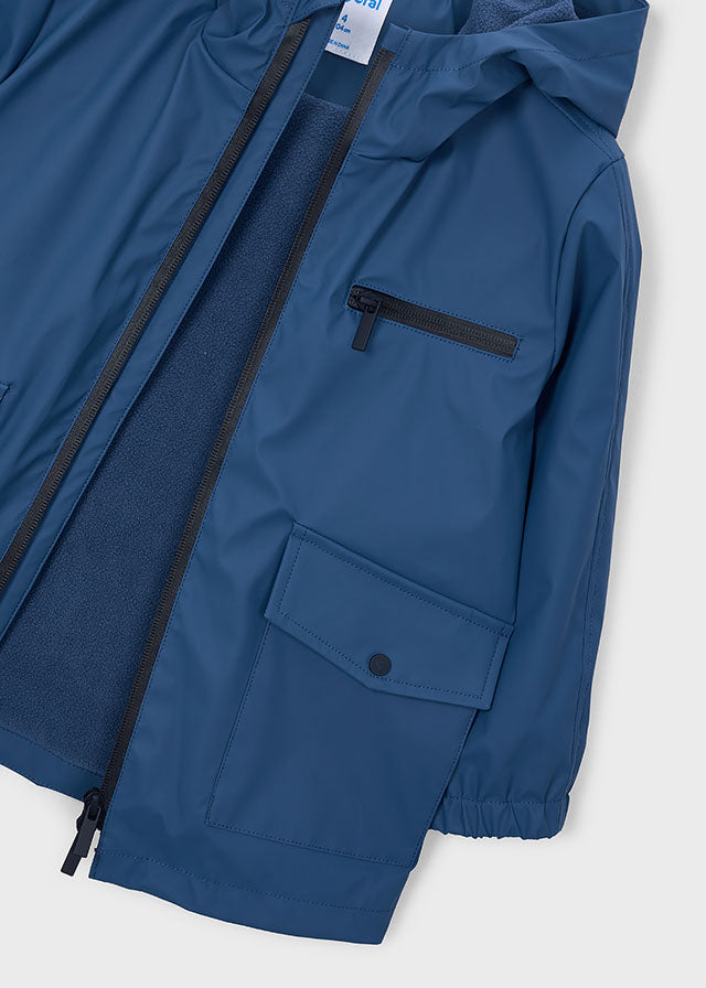 Mayoral boys hooded rain coat in navy with zip pockets, detail