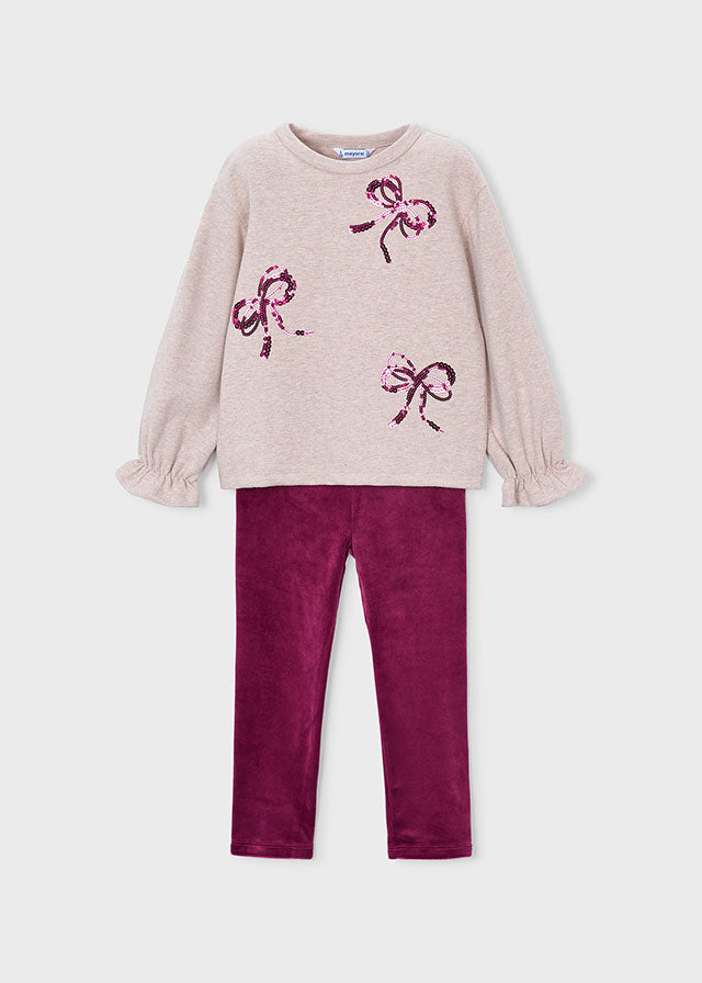 Mayoral girls sequinned bow sweatshirt and velour leggings set in raspberry, front view