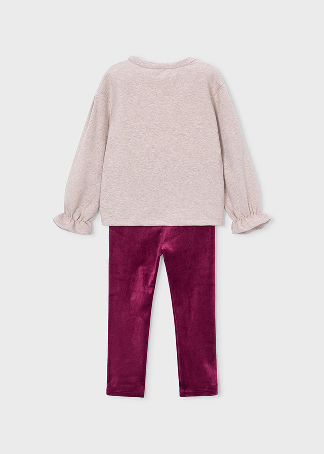 Mayoral girls sequinned bow sweatshirt and velour leggings set in raspberry, alternate view