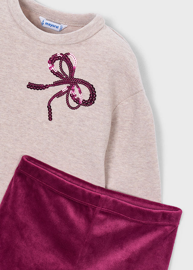 Mayoral girls sequinned bow sweatshirt and velour leggings set in raspberry, detail