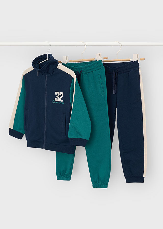 Mayoral boys colour-block zip hoodie and joggers tracksuit in lake green and navy, front view