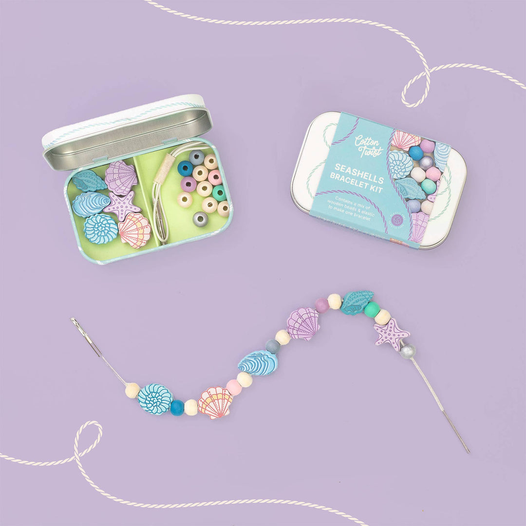 Cotton Twist seashell bracelet making kit in hinged gift tin