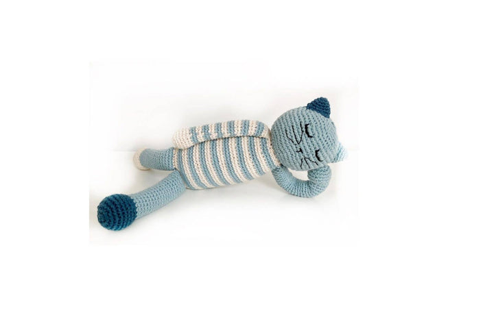 Crochet Baby Toy Sleeping kitten rattle blue