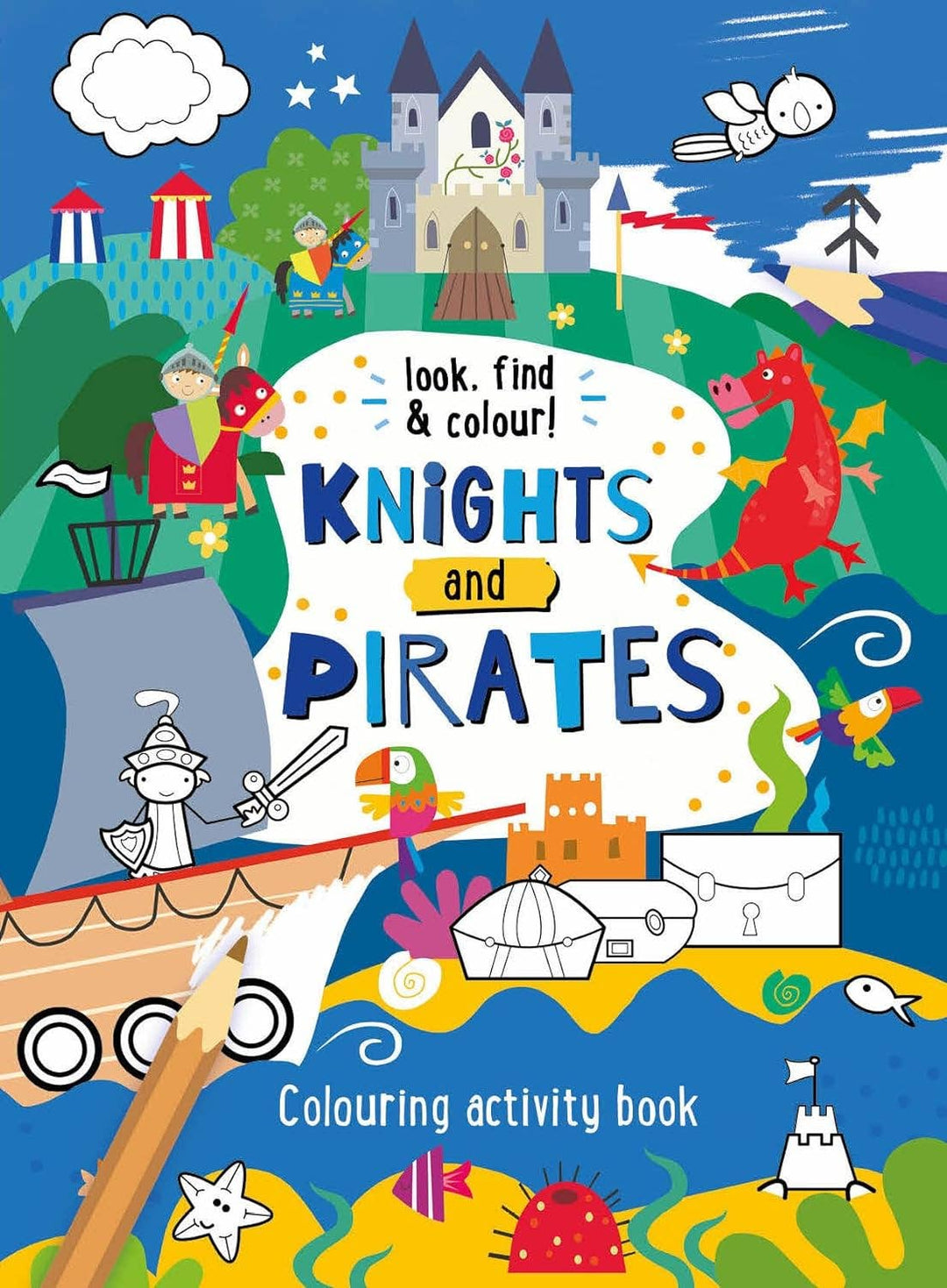 Look, Find and Colour activity book, Knights and Pirates design, front cover