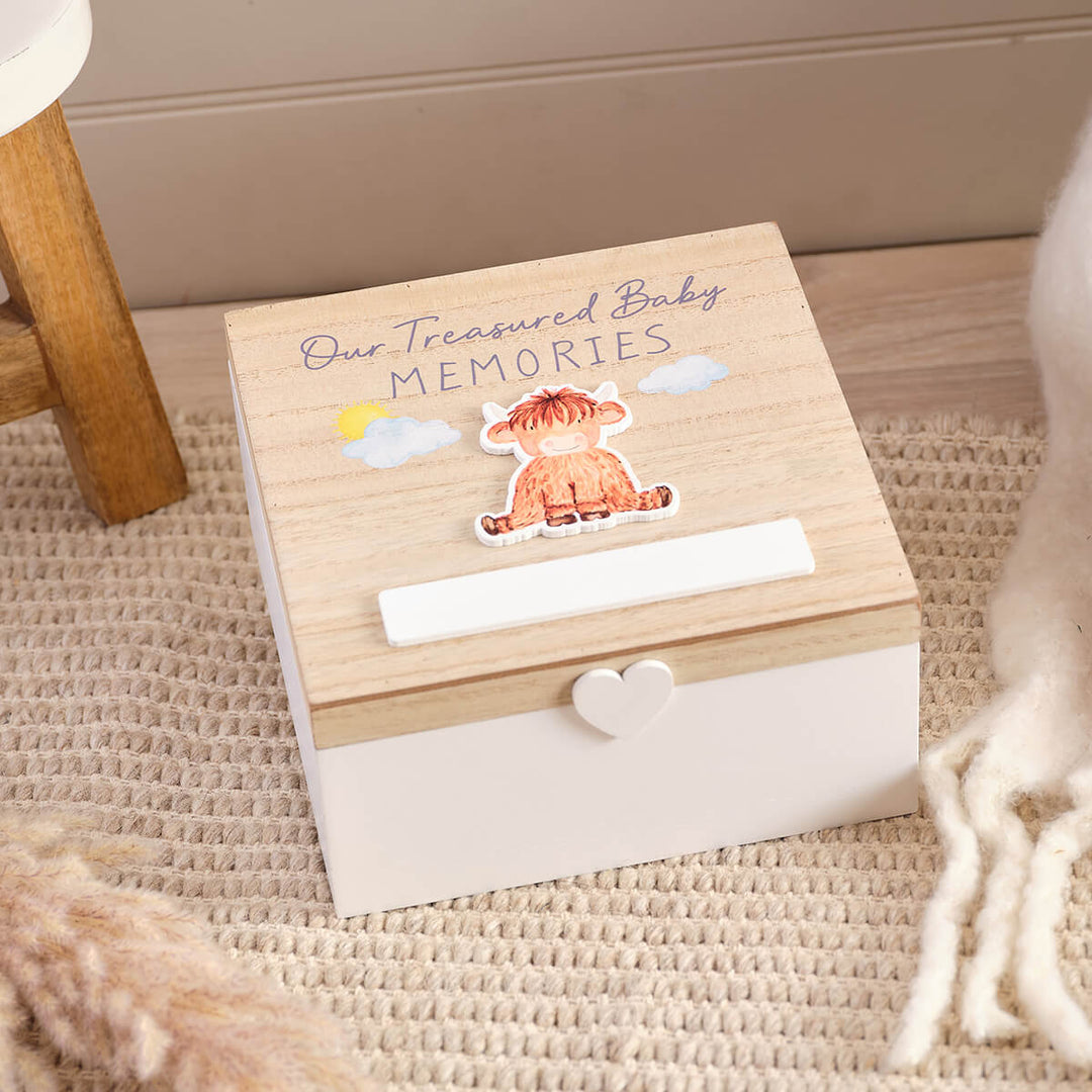 Mini Farm Monty the Highland Cow treasured baby memory wood