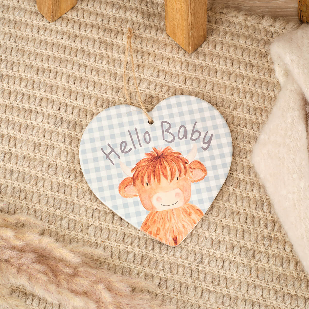 Mini Farm Hugo Highland Coo Hello Baby ceramic heart hanger