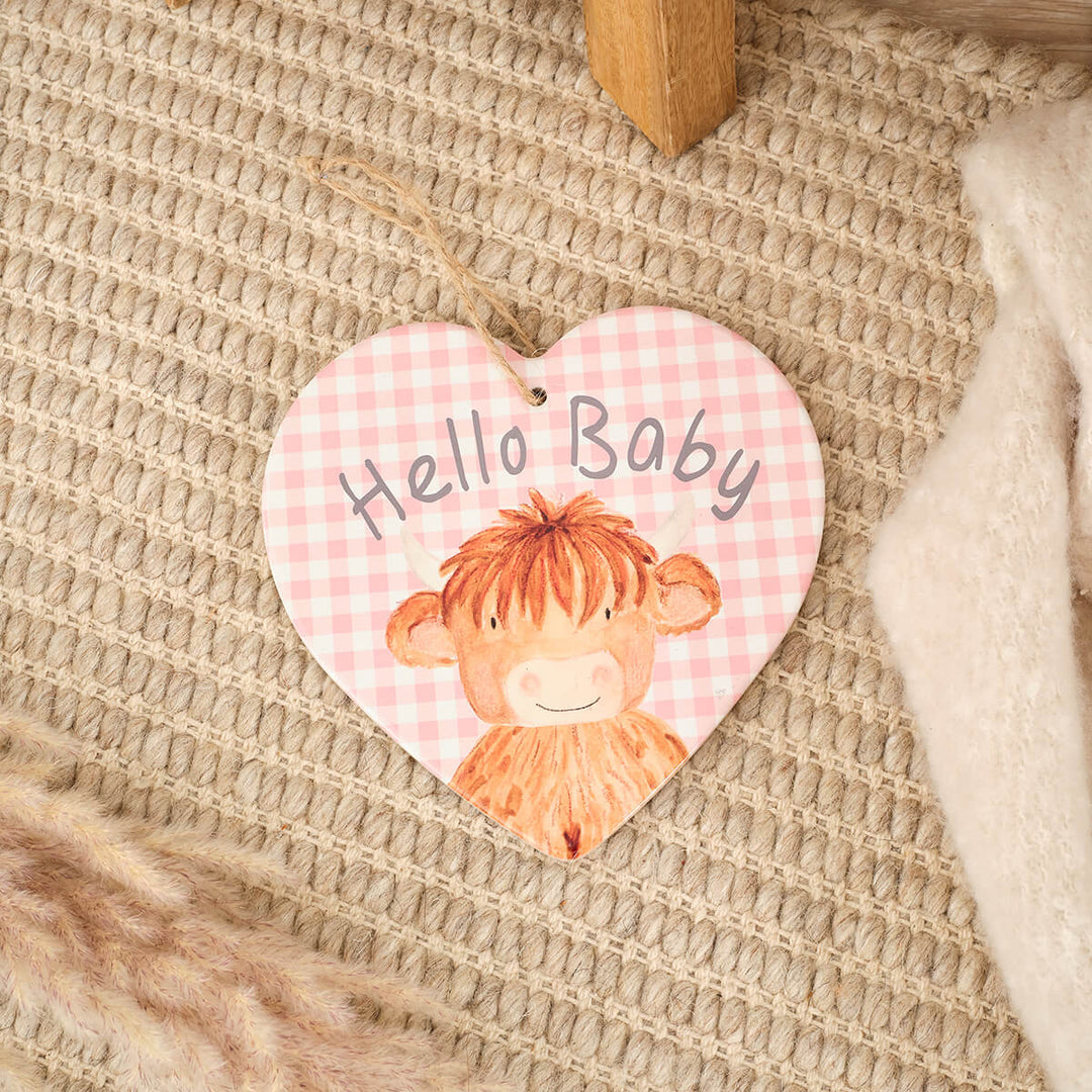 Mini Farm Rosie Highland Coo Hello Baby ceramic heart hanger