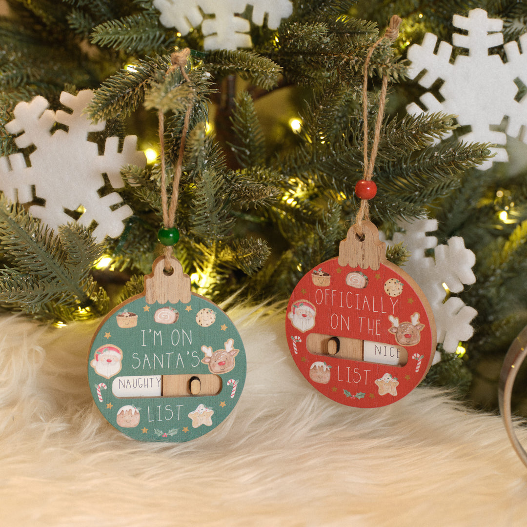 Santa's Magical Feast Naughty or Nice sliding wood bauble hanger