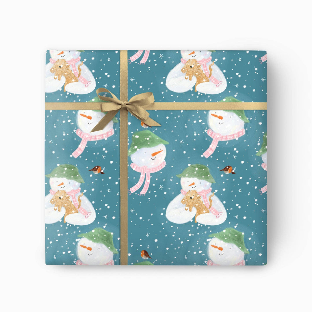Scruffy the dog and snowman Christmas wrapping paper with robins