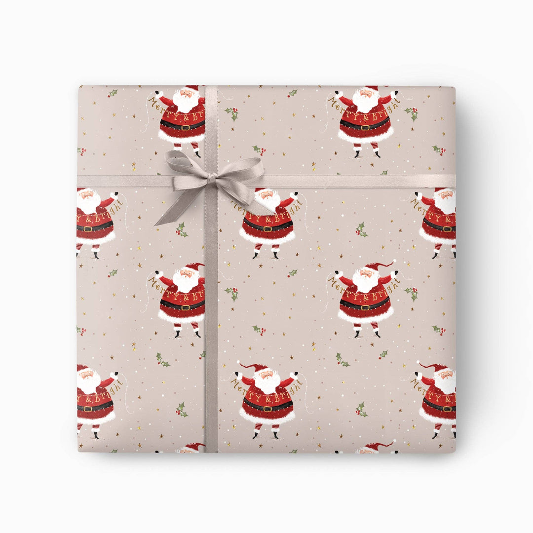 Dancing Santas Christmas wrapping paper with gold stars