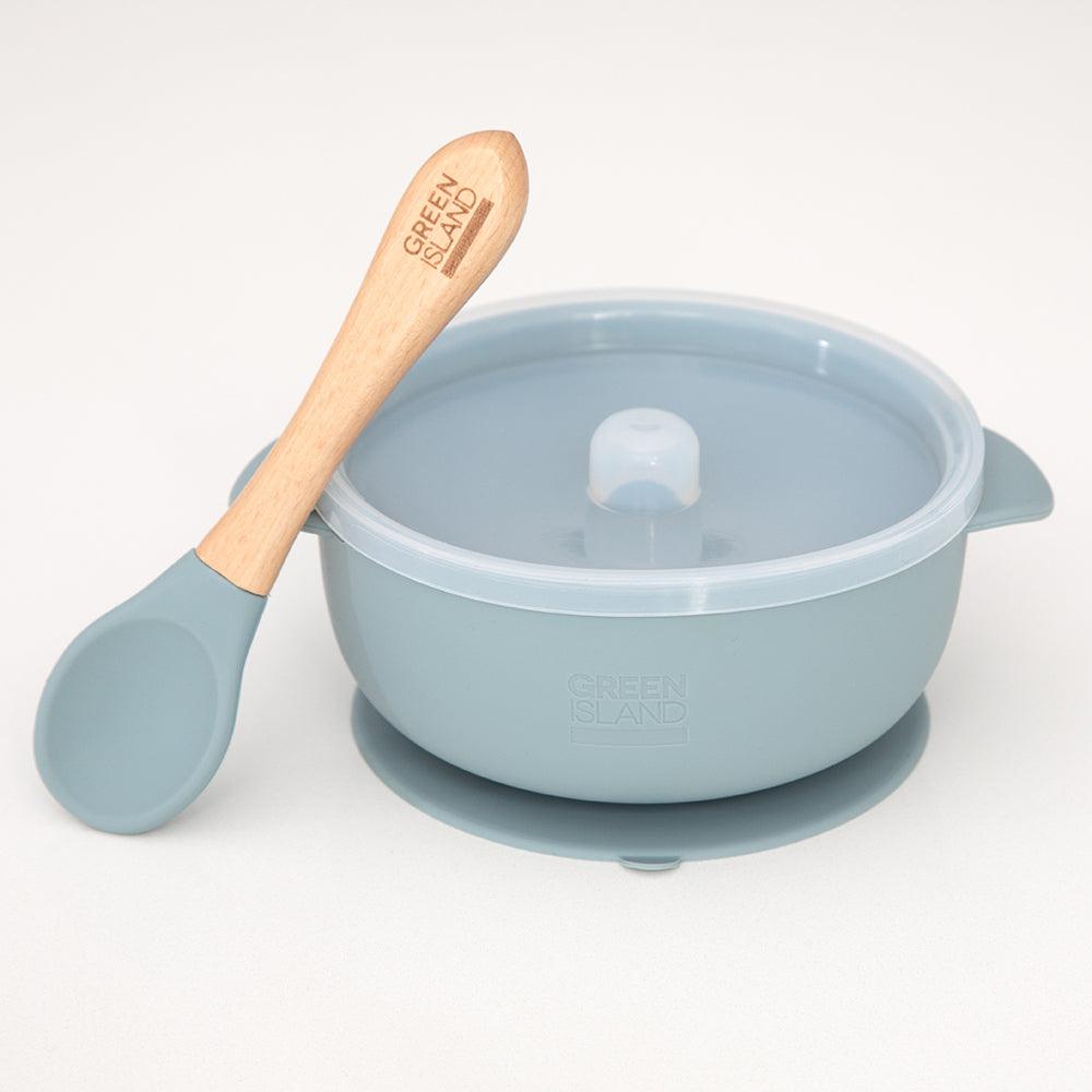 Green Island Silicone Baby Bowl With Lid + Spoon Blue