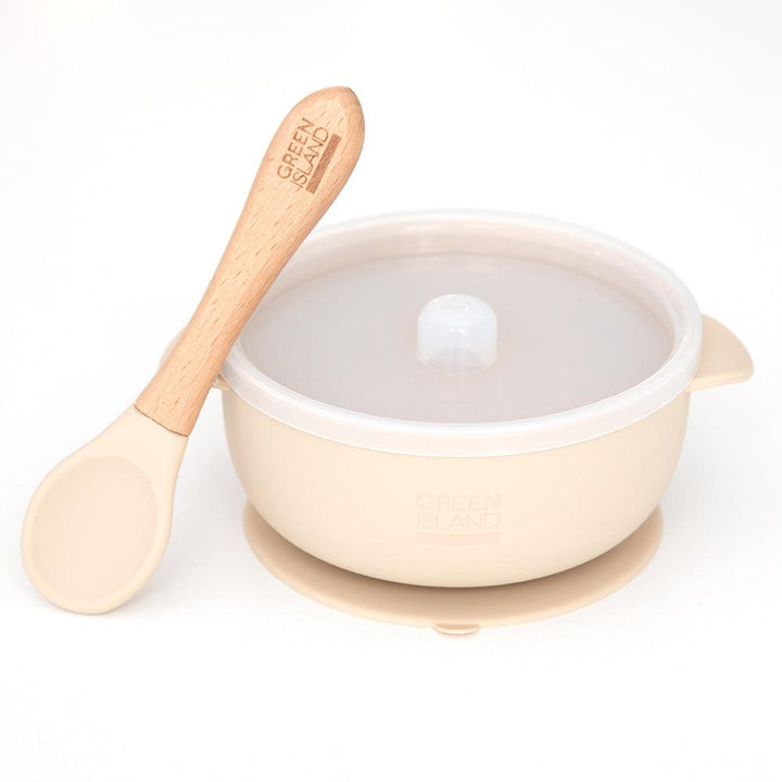 Green Island Silicone Baby Bowl With Lid + Spoon Cream