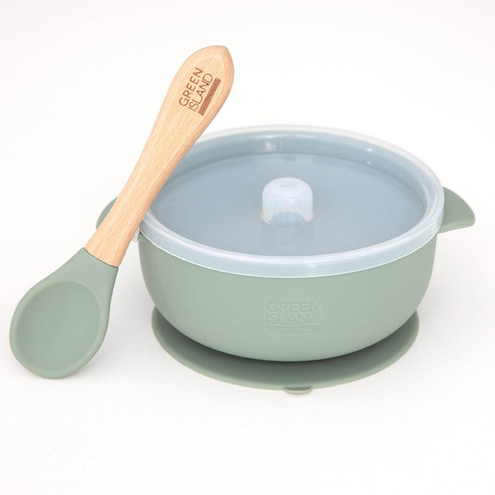 Green Island Silicone Baby Bowl With Lid + Spoon Green