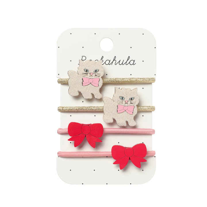 Rockahula Cute Kitten Hair Ponies - kittens on gold elastics and red bows on pink elastics